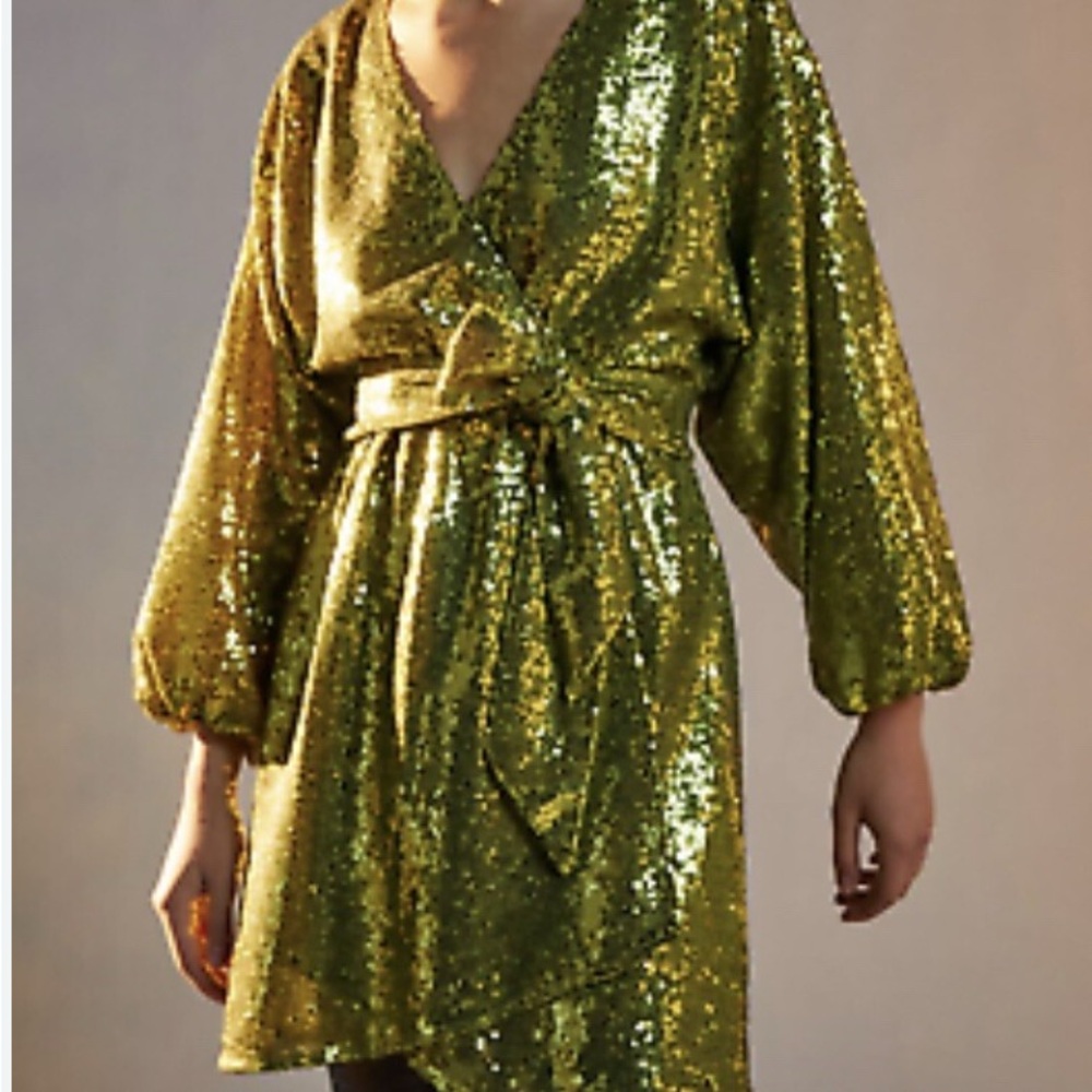 Anthropologie Green Sequin Long Sleeve Mini Dress | Size Small | NWT